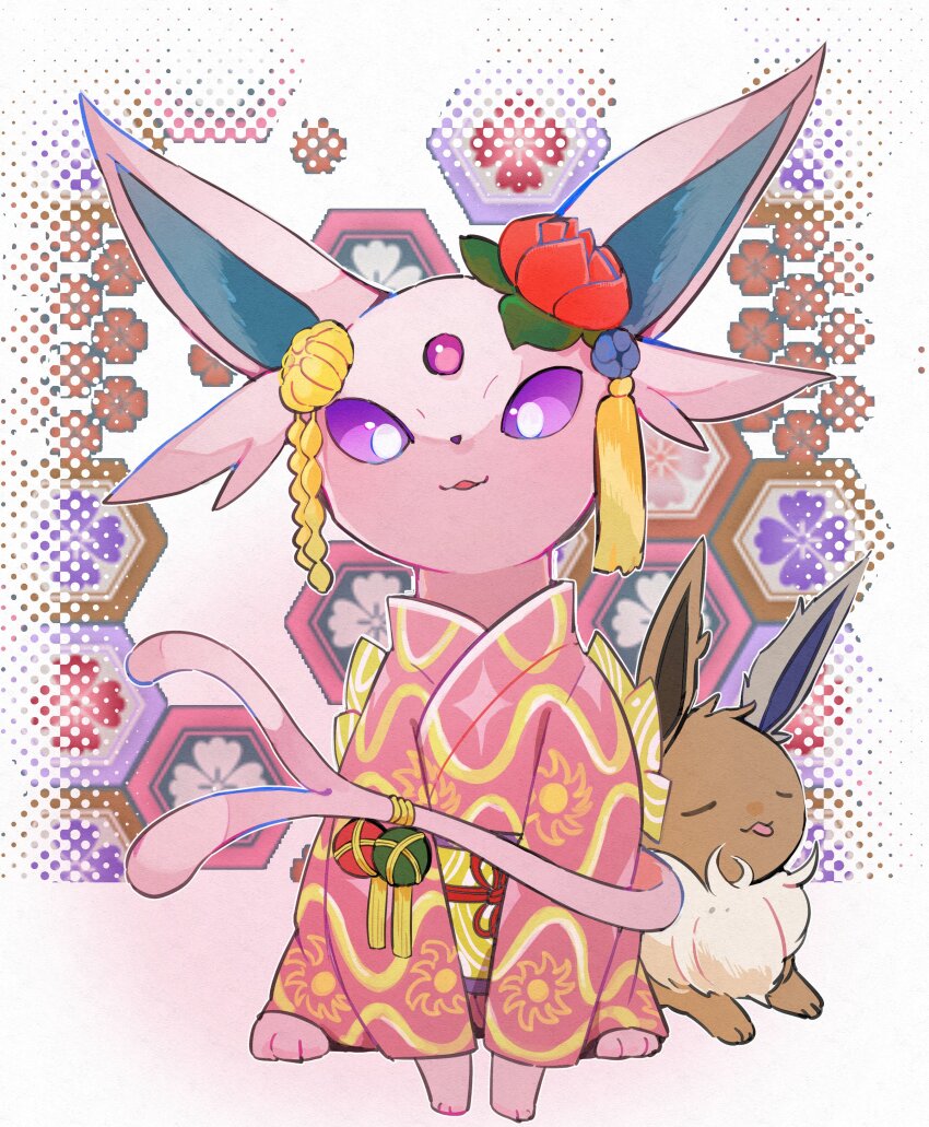:3 :p absurdres animal_focus animal_hands bright_pupils brown_fur closed_eyes clothed_pokemon cyauken_(ouahloup) eevee espeon espeon_(pokebuki) flower forehead_jewel forked_tail full_body game_freak gen_1_pokemon gen_2_pokemon hair_ornament highres japanese_clothes kimono looking_at_viewer neck_fur nintendo no_humans open_mouth pink_kimono pokemon pokemon_(creature) pokemon_unite purple_eyes purple_fur red_flower sash simple_background sitting tail tongue tongue_out white_background white_pupils yellow_fur yellow_sash
