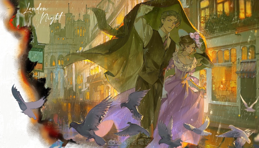 1boy 1girl bird black_coat black_pants black_vest brown_hair burnt buttons charlie_su clothes_grab coat collared_shirt couple denpa0304 dress dress_grab flower hair_bun hat hat_flower highres large_hat light_and_night_love long_sleeves looking_at_viewer necktie pants parted_bangs parted_lips pigeon protagonist_(light_and_night_love) purple_dress purple_flower purple_hair rain road running shirt single_hair_bun street vest white_shirt