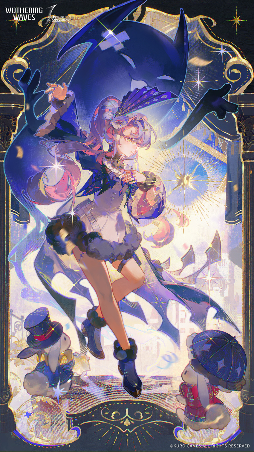 1girl bare_legs boots commentary copyright_notice dress english_commentary eye_mask full_body fur-trimmed_dress fur_trim hand_up highres jewelry legs logo looking_ahead mask mask_on_head multicolored_hair multiple_rings niukou_kouzi official_art pero_(wuthering_waves) pink_hair purple_boots purple_hair ring roccia_(wuthering_waves) second-party_source solo tacet_discord_(wuthering_waves) tacet_mark_(wuthering_waves) two-tone_hair white_dress wuthering_waves yellow_eyes