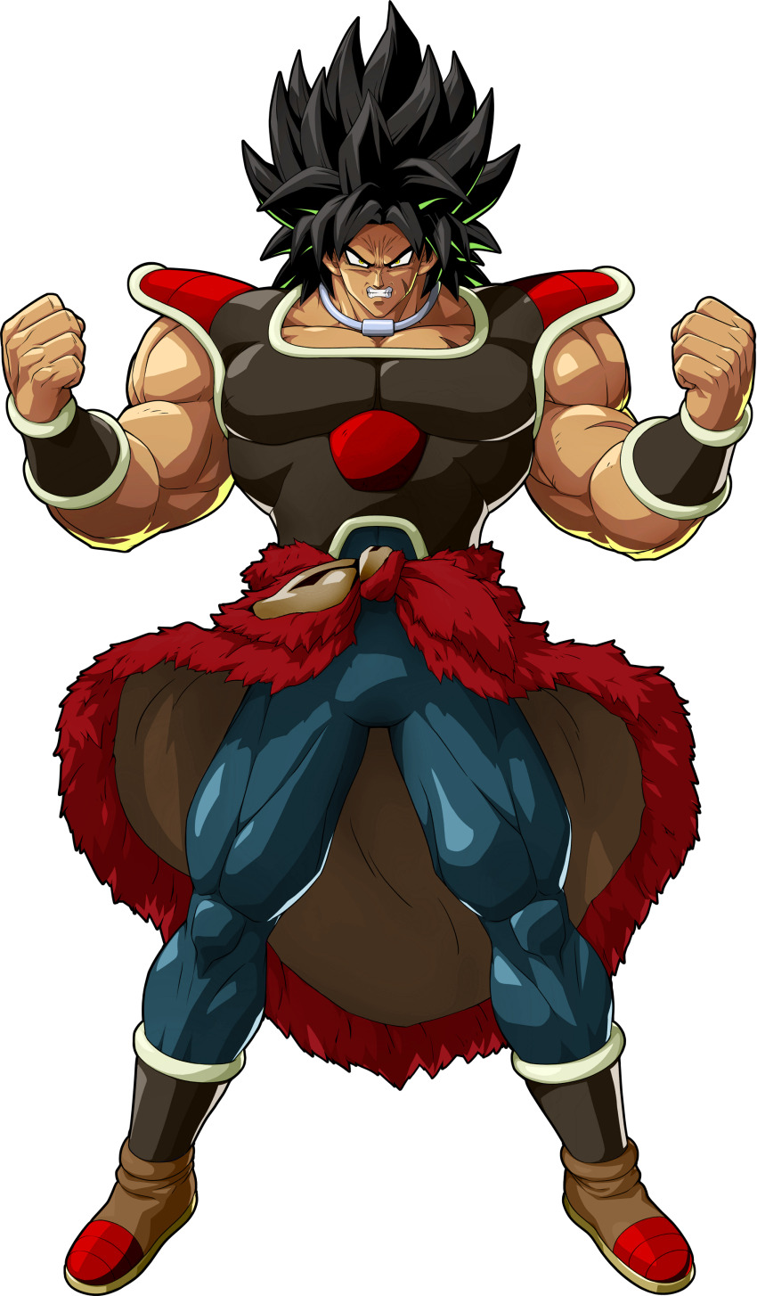 1boy absurdres armor arms_at_sides black_eyes black_hair broly_(dragon_ball_super) dragon_ball dragon_ball_fighterz dragon_ball_super dragon_ball_super_broly expressionless frown highres jewelry looking_away male_focus necklace official_art pants purple_legwear purple_pants recolor scar short_hair simple_background spiked_hair standing upper_body white_background wristband