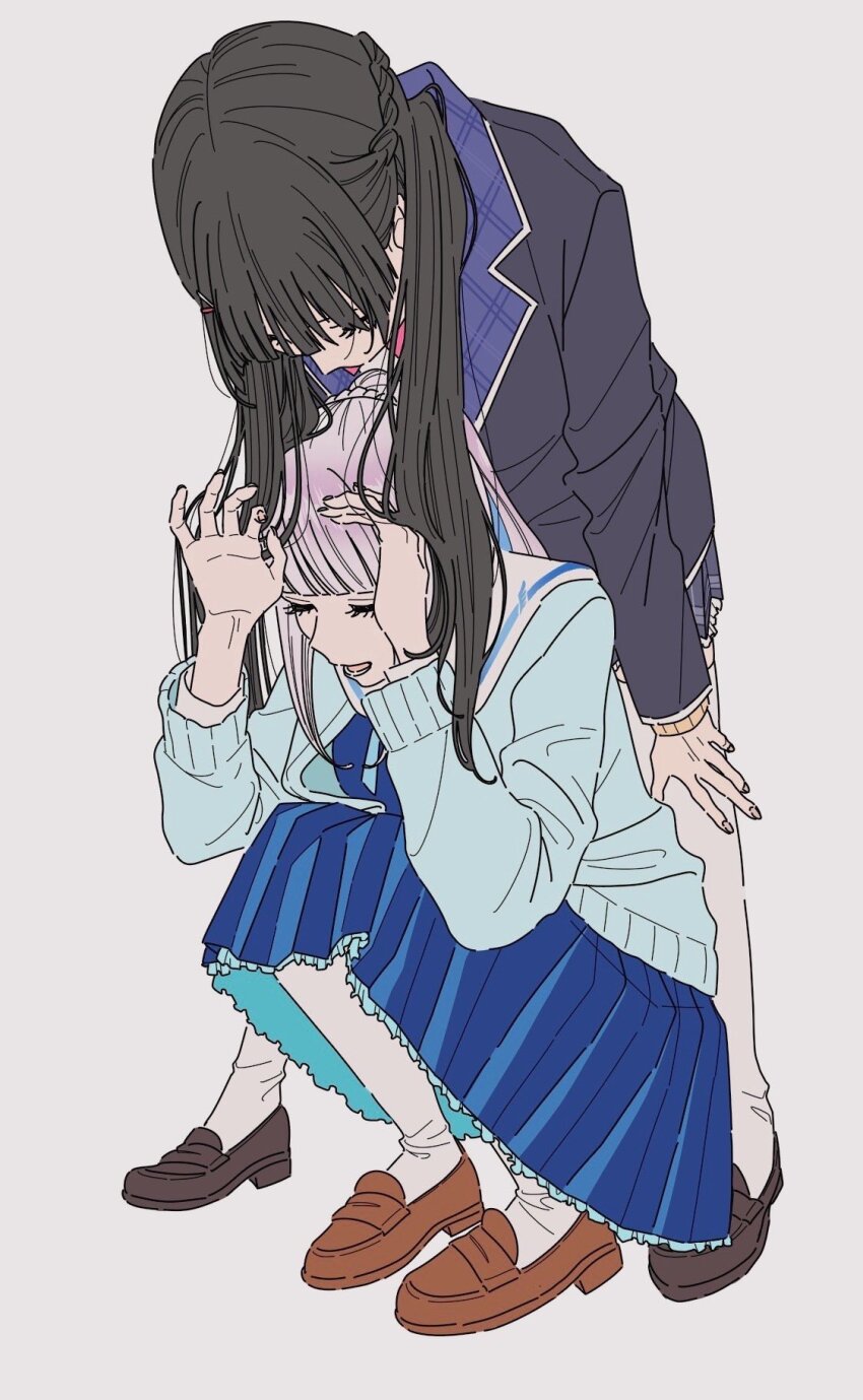 2girls bent_over black_hair black_jacket blue_cardigan blue_hair blue_skirt braid cardigan closed_eyes half_up_braid highres jacket kamatama_rom lize_helesta lize_helesta_(4th_costume) long_hair multicolored_hair multiple_girls nijisanji pleated_skirt ponytail school_uniform simple_background skirt squatting standing thighhighs tsukino_mito tsukino_mito_(1st_costume) two-tone_hair virtual_youtuber white_background white_hair white_thighhighs