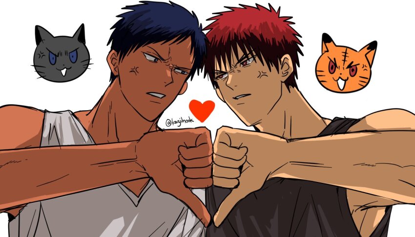 2boys anger_vein animalization aomine_daiki arm_up black_panther black_tank_top blue_eyes blue_hair commentary_request dark-skinned_male dark_skin eye_contact forked_eyebrows kagami_taiga kagi_(kagihook) kuroko_no_basuke looking_at_another male_focus multiple_boys open_mouth panther parted_lips person_and_animalization red_eyes red_hair simple_background sleeveless tank_top tiger uneven_eyes upper_body v-neck white_background white_tank_top