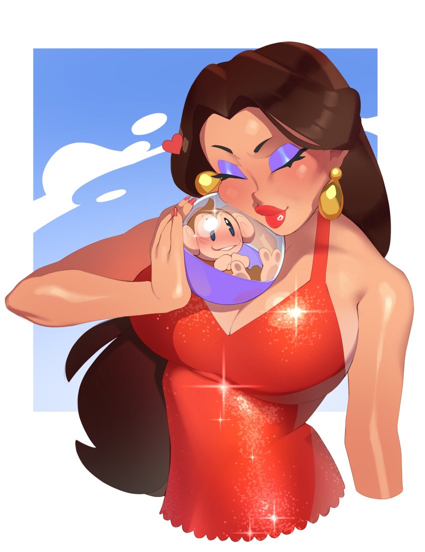 1boy 1girl absurdres aiai_(super_monkey_ball) bare_arms bare_shoulders blue_background blush breasts brown_hair cheek_press cleavage closed_eyes closed_mouth combos_&amp;_doodles cropped_torso crossover donkey_kong_(series) dress earrings eyelashes eyeshadow fingernails gashapon gold_earrings heart highres jewelry large_breasts lips lipstick long_fingernails long_hair makeup mario_(series) mario_vs._donkey_kong mario_vs._donkey_kong_2:_march_of_the_minis monkey nail_polish nintendo nose pauline_(mario) purple_eyeshadow red_dress red_lips red_nails sega shiny_skin sleeveless sleeveless_dress smile sparkle super_monkey_ball thick_lips upper_body white_background