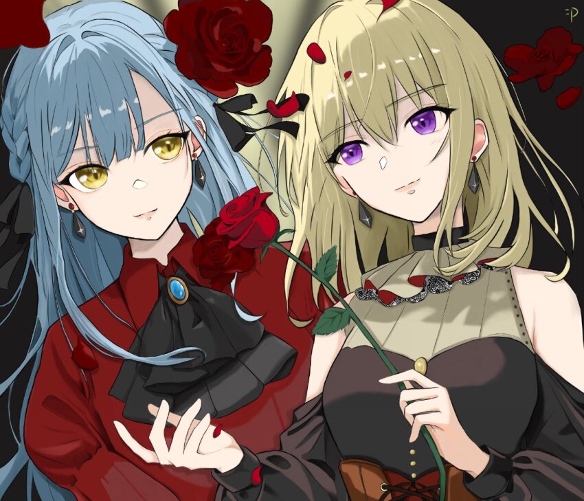 2girls ascot bang_dream! bang_dream!_it&#039;s_mygo!!!!! black_ascot black_background black_ribbon blonde_hair blue_brooch blue_hair braid brown_corset closed_mouth clothing_cutout commentary_request corset doloris_(bang_dream!) earrings flower hair_between_eyes hair_ribbon jewelry jpeg_artifacts long_hair long_sleeves medium_hair misumi_uika momokan_1209 multiple_girls oblivionis_(bang_dream!) purple_eyes red_shirt ribbon rose shirt shoulder_cutout simple_background togawa_sakiko upper_body yellow_eyes