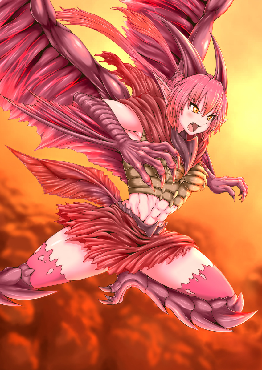 abs absurdres fangs godzilla:_king_of_the_monsters godzilla_(series) highres kaiju legendary_pictures monster_girl monsterverse muscular muscular_female mynameissuusan personification red_hair rodan rodan_(monsterverse) solo toho tokusatsu wings