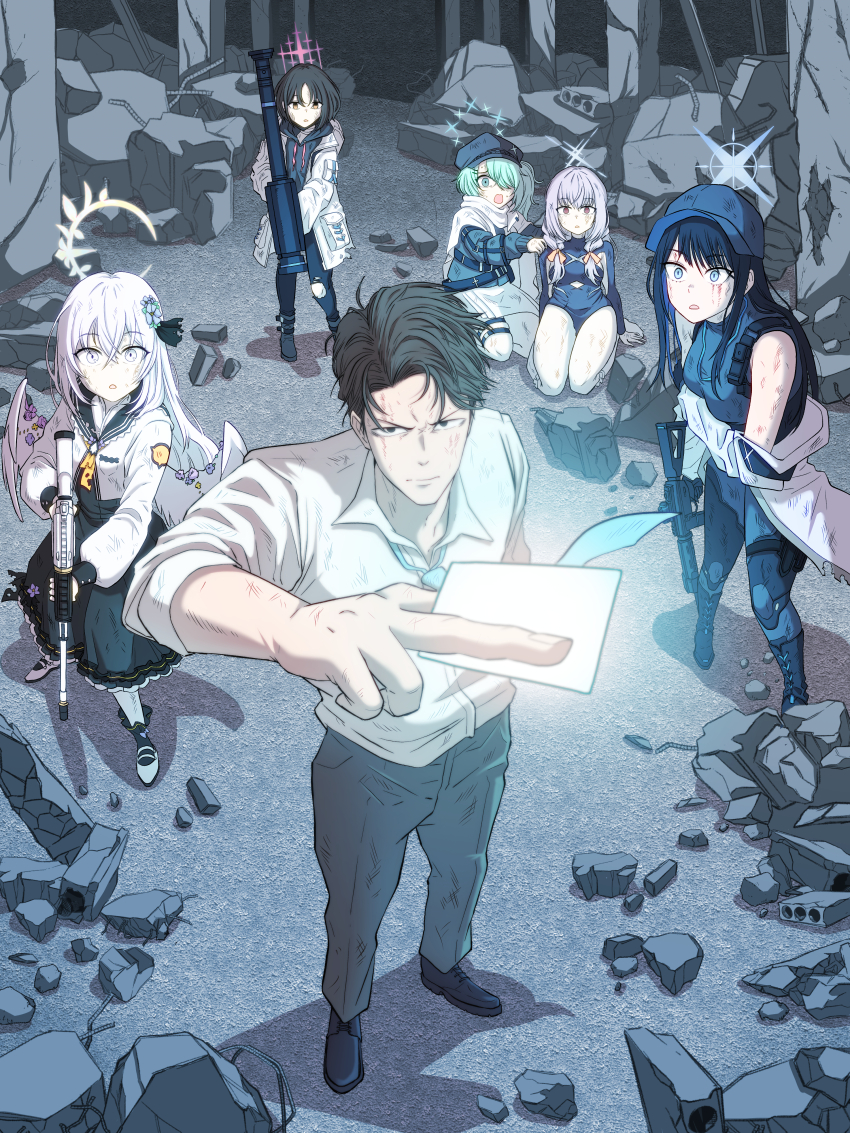 1boy 5girls absurdres angel_wings aqua_necktie assault_rifle atsuko_(blue_archive) azusa_(blue_archive) bare_shoulders baseball_cap black_eyes black_hair black_pants blue_archive blue_hair blue_headwear blue_hoodie blue_skirt cabbie_hat card coat collared_shirt colored_inner_hair commentary credit_card dark_blue_hair dirty dirty_clothes fim-92_stinger from_above furrowed_brow glowing green_eyes grey_eyes gun hair_between_eyes hair_ribbon halo hat highres hiyori_(blue_archive) holding holding_card holding_gun holding_rocket_launcher holding_weapon hood hoodie jacket knife_sheath korean_commentary light_green_hair light_purple_hair long_hair misaki_(blue_archive) multicolored_hair multiple_girls necktie orange_hair pangtanto pants purple_eyes ribbon rifle rocket_launcher rubble sailor_collar saori_(blue_archive) scarf sensei_(blue_archive) sheath shirt short_hair side_ponytail sidelocks skirt sleeves_rolled_up thigh_strap torn_clothes tress_ribbon v-shaped_eyebrows weapon white_coat white_hair white_jacket white_scarf white_shirt white_wings wings