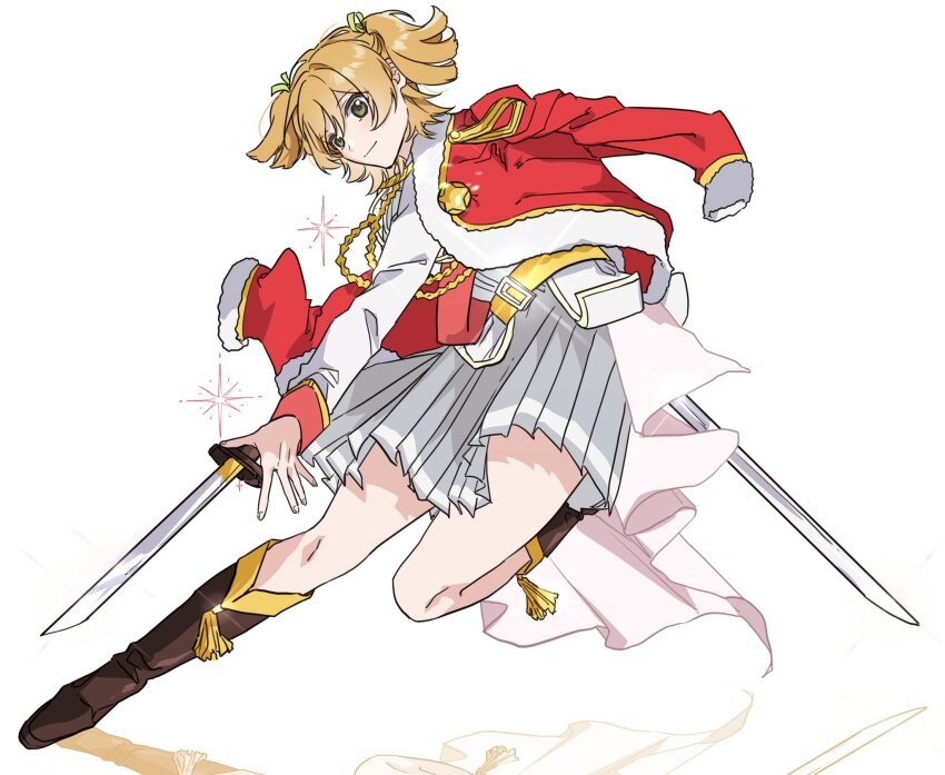 1girl aiguillette arm_behind_back belt belt_buckle blonde_hair boots buckle closed_mouth commentary_request daiba_nana dual_wielding epaulettes full_body fur-trimmed_jacket fur_trim glint green_eyes green_ribbon grey_skirt hair_between_eyes hair_ribbon highres holding holding_sword holding_weapon jacket jacket_on_shoulders knee_boots korean_commentary leg_up light_blush light_smile looking_ahead miniskirt pleated_skirt red_jacket red_sash reflection ribbon sash short_twintails shoujo_kageki_revue_starlight shoulder_sash simple_background single_stripe skirt solo sparkle standing standing_on_one_leg striped_clothes striped_skirt sword tassel twintails waist_cape weapon white_background white_jacket yayaho yellow_belt