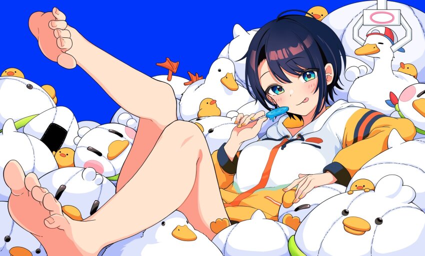 1girl :p bare_legs barefoot black_hair blue_background blue_eyes candy commentary_request feet_up food highres holding holding_candy holding_food holding_lollipop hololive hood hood_down hoodie light_blush lollipop looking_at_viewer oozora_subaru oozora_subaru_(loungewear) parted_bangs reclining short_hair simple_background solo suba_tomo_(oozora_subaru) subaru_duck tihirowo toenails tongue tongue_out two-tone_hoodie white_hoodie yellow_hoodie yellow_nails