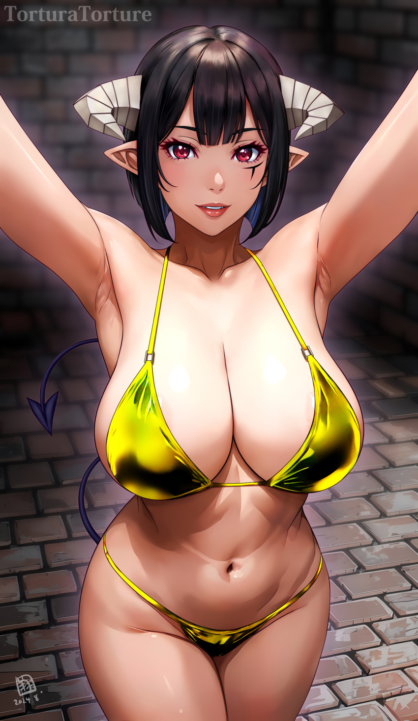 1girl armpits arms_up bikini black_hair breasts brick_floor character_name cleavage collarbone cowboy_shot dated demon_girl demon_horns demon_tail facial_mark gold_bikini halterneck highres hime-sama_&quot;goumon&quot;_no_jikan_desu horns huge_breasts looking_at_viewer navel parted_lips pointy_ears red_eyes short_hair shoumaru_(gadget_box) sideboob solo standing stomach swimsuit tail torture_tortura