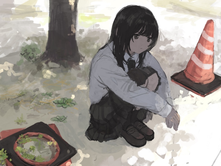 1girl 62_retas absurdres black_eyes black_hair black_necktie black_skirt black_socks blunt_bangs brown_eyes closed_mouth collared_shirt dappled_sunlight day expressionless full_body grass highres knees_up loafers long_hair long_sleeves looking_at_viewer necktie original outdoors pleated_skirt school_uniform shirt shoes sketch skirt socks solo squatting sunlight traffic_cone tree white_shirt