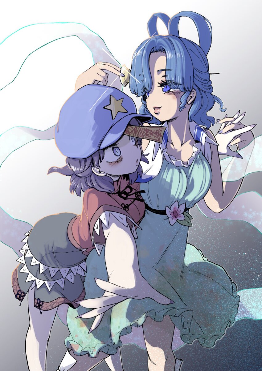 2girls belt black_belt black_ribbon blue_eyes blue_hair blue_hat blue_nails blush newsboy_cap chinese_clothes collared_vest commentary_request feet_out_of_frame fingernails flower glint grey_skirt hagoromo hair_ornament hair_rings hair_stick hat hat_ornament highres holding_hands kaku_seiga lace-trimmed_sleeves lace_trim miyako_yoshika multiple_girls neck_ribbon ofuda open_clothes open_mouth open_vest outstretched_arms pink_flower puffy_short_sleeves puffy_sleeves purple_hair red_shirt ribbon shawl shika_miso shirt short_hair short_sleeves skirt standing star_(symbol) star_hat_ornament tangzhuang touhou vest white_vest zombie_pose