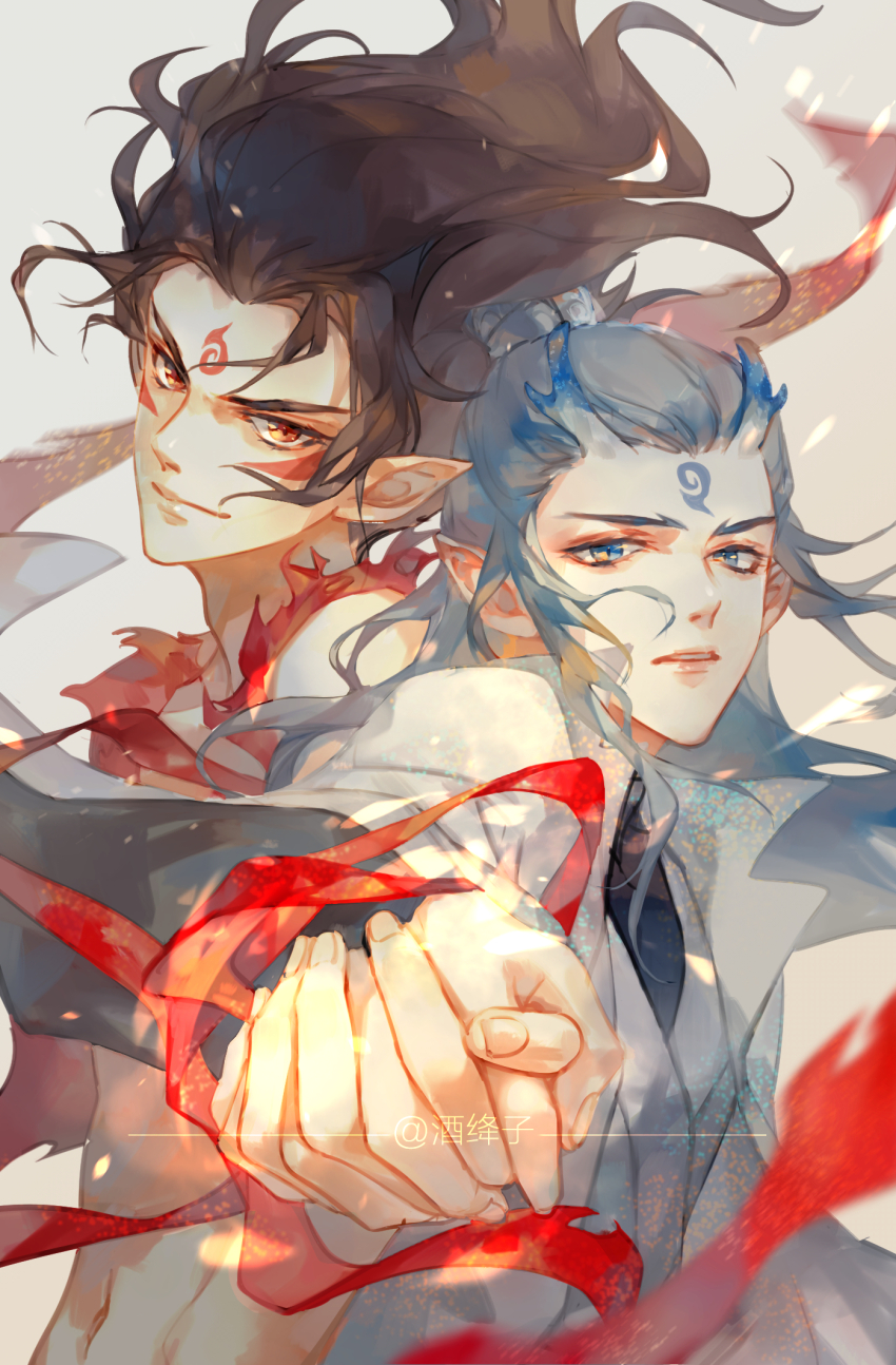 2boys ao_bing_(nezha_zhi_motong_jiangshi) artist_name black_hair blue_eyes blue_hair dragon_boy dragon_horns facial_mark forehead_mark highres holding_hands horns jiujiangzi_benren long_hair looking_at_viewer male_focus multiple_boys nezha_(nezha_zhi_motong_jiangshi) nezha_zhi_motong_jiangshi parted_lips pointy_ears ponytail red_eyes red_ribbon ribbon upper_body watermark yaoi