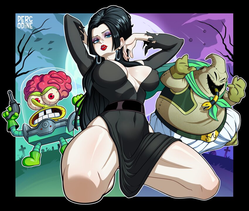 1girl 2boys alternate_costume arms_up artist_name belt big_hair black_belt black_dress black_hair blue_eyes boa_hancock breasts cleavage cosplay covered_navel crossover dragon_ball dragonball_z dress earrings elvira:_mistress_of_the_dark elvira_(elvira:_mistress_of_the_dark) elvira_(elvira:_mistress_of_the_dark)_(cosplay) eyeshadow female_focus full_moon halloween halloween_costume highres jewelry kneeling large_breasts looking_at_viewer majin_buu makeup mars_attacks! martian_(mars_attacks!) martian_(mars_attacks!)_(cosplay) moon multiple_boys one_piece oogie_boogie oogie_boogie_(cosplay) pale_skin percodine purple_eyeshadow red_lips spongebob_squarepants spongebob_squarepants_(series) the_nightmare_before_christmas trait_connection