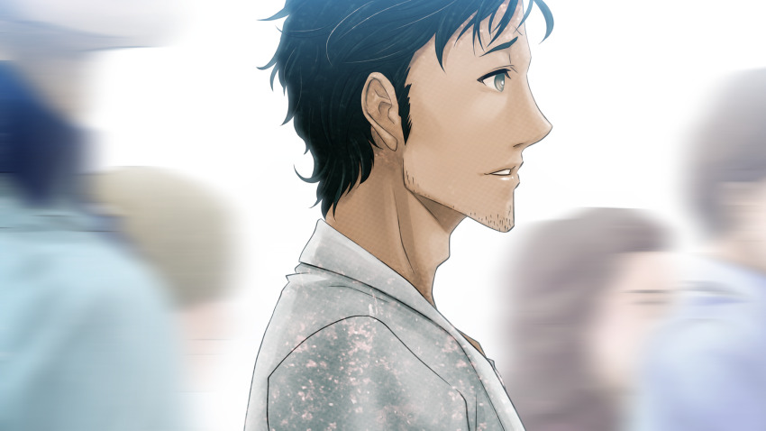 1boy adam&#039;s_apple beard_stubble black_hair clenched_teeth coat collarbone facial_hair from_side game_cg grey_eyes grin highres huke lab_coat lapels long_sleeves looking_to_the_side messy_hair motion_blur narrowed_eyes notched_lapels official_art okabe_rintarou outdoors ringed_eyes shiny_lips shirt sideburns smile solo square_pupils steins;gate stubble t-shirt teeth white_coat white_shirt