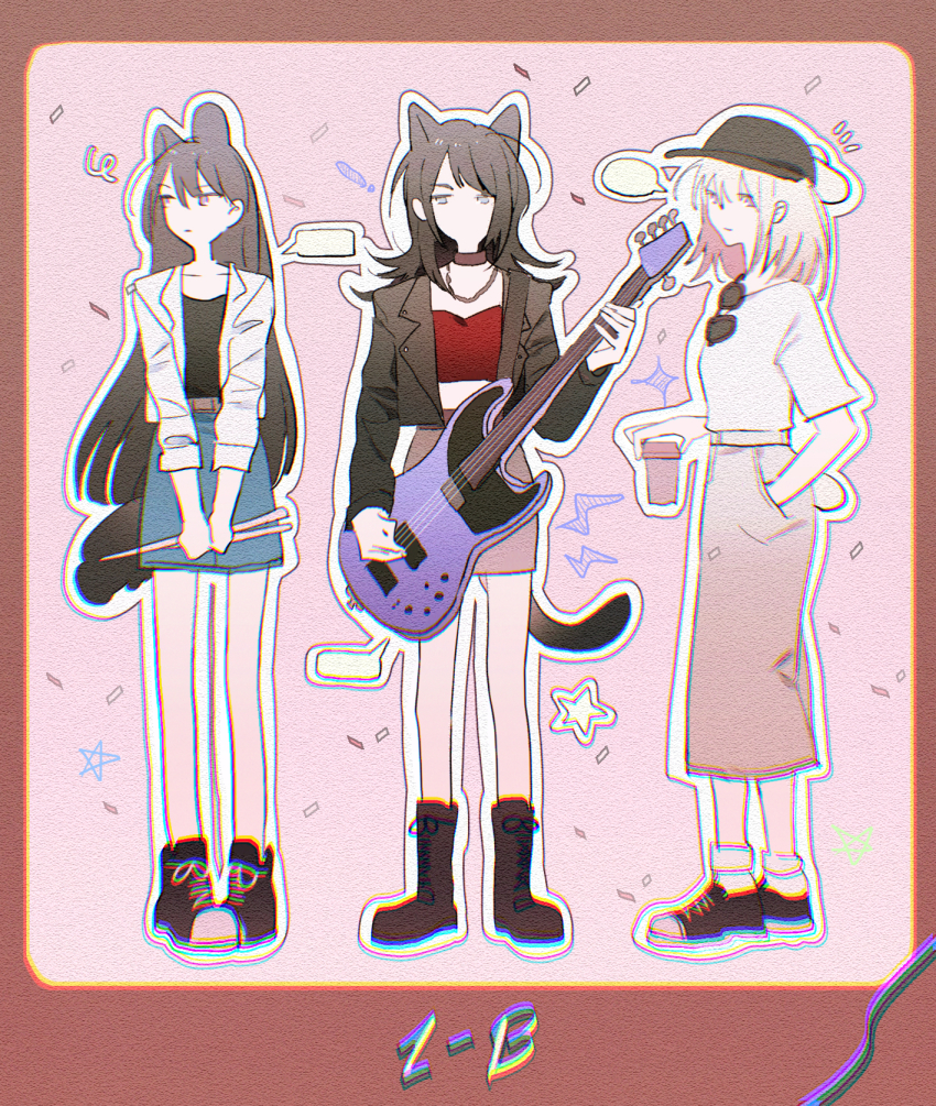 3girls 5-string_bass_guitar animal_ears bang_dream! bang_dream!_it&#039;s_mygo!!!!! baseball_cap bass_guitar black_boots black_choker black_hat black_jacket black_shirt black_shoes blonde_hair blue_eyes blue_skirt boots brown_skirt cat_ears cat_girl cat_tail choker commentary confetti cup disposable_cup dog_ears dog_girl dog_tail drumsticks extended_range_bass_guitar grey_skirt hair_between_eyes hat highres holding holding_cup holding_drumsticks instrument jacket kemonomimi_mode misumi_uika multiple_girls outline purple_eyes red_shirt reiboubyou shiina_taki shirt shoes short_sleeves skirt sunglasses tail unworn_eyewear white_jacket white_outline white_shirt yahata_umiri