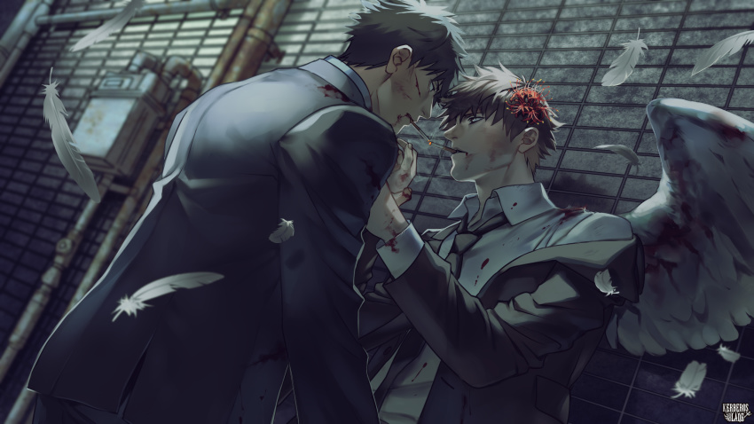 2boys angel_wings black_hair black_neckwear black_suit blood brown_hair cigarette eye_contact feathers flower formal_clothes hair_flower hair_ornament highres holding_another&#039;s_wrist holding_hands industrial_pipe kerberos_blade looking_at_another male_focus multiple_boys official_art otani_(gloria) shirt smoking standing suit white_feathers white_shirt wings