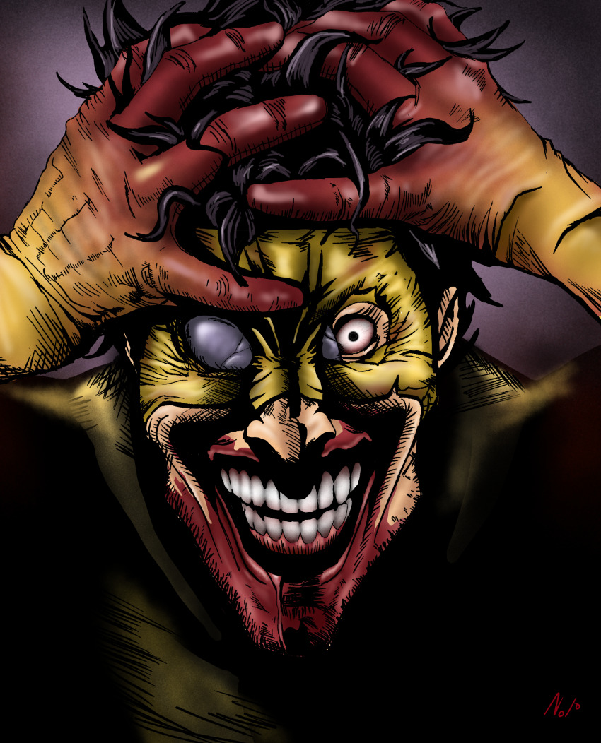 1boy absurdres black_hair blood blood_drip blood_on_clothes blood_on_face blood_on_hands blood_stain bodysuit broken_goggles clenched_teeth commentary crazy crazy_grin english_commentary gloves highres horror_(theme) invincible_(series) looking_at_viewer male_focus open_mouth protein1002 short_hair signature sinister_invincible superhero_costume teeth yellow_bodysuit yellow_gloves
