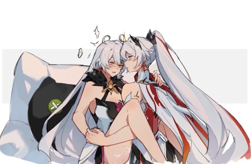 2girls blue_eyes blush hand_on_another&#039;s_shoulder highres honkai_(series) honkai_impact_3rd kiana_kaslana kiana_kaslana_(herrscher_of_flamescion) kiana_kaslana_(herrscher_of_the_void) knees_up long_hair multicolored_hair multiple_girls open_mouth ponytail pussy_juice red_hair shiying_no_yao streaked_hair two-tone_hair very_long_hair white_hair yellow_eyes yuri