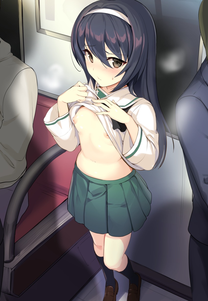 10s 1girl 2boys black_hair black_socks blouse blush breasts brown_eyes clothes_lift commentary_request exhibitionism faceless faceless_male flashing formal_clothes full_body girls_und_panzer green_skirt hairband head_out_of_frame highres icomochi kneehighs lifting_own_clothes long_hair multiple_boys navel nipples no_bra oppai_challenge public_indecency reizei_mako school_uniform serafuku shirt shirt_lift shoes sitting skirt small_breasts socks suit train_interior white_shirt
