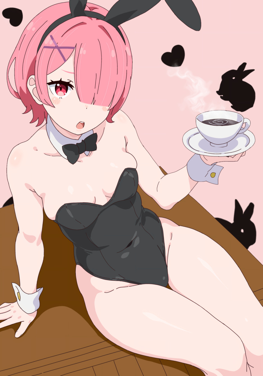 1girl animal_ear_hairband animal_ears bare_legs black_bow black_bowtie black_leotard bow bowtie breasts covered_navel cup detached_collar fake_animal_ears hair_ornament hair_over_one_eye hairband highres leotard pink_background pink_hair playboy_bunny rabbit rabbit_ears ram_(re:zero) re:zero_kara_hajimeru_isekai_seikatsu red_eyes remnia simple_background sitting small_breasts strapless strapless_leotard teacup wrist_cuffs x_hair_ornament
