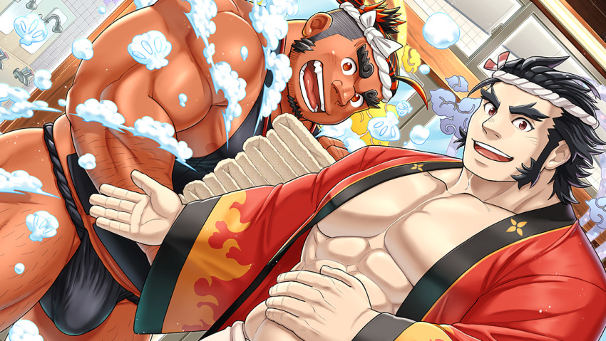 2boys abs ahoge arm_hair bara bare_pectorals bare_shoulders beckoning black_fundoshi black_hair black_tank_top blush bubble bulge carrying dark-skinned_male dark_skin ei_(marutendon) facial_hair forked_eyebrows fundoshi goatee hachimaki halo halo_behind_head headband indoors japanese_clothes jewelry large_pectorals leg_hair long_sideburns looking_at_viewer male_focus mature_male multicolored_hair multiple_boys muscular muscular_arms muscular_legs muscular_male necklace nipples non-web_source official_art onamuchi_(housamo) open_clothes open_mouth open_robe orange_eyes orange_hair outstretched_hand pectorals red_eyes red_robe robe sarutahiko_(housamo) short_hair sideburns smile tank_top teeth thick_eyebrows thighs third-party_source tokyo_houkago_summoners towel two-tone_hair undercut