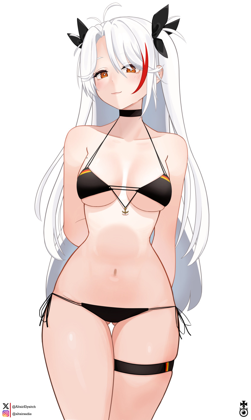1girl absurdres antenna_hair azur_lane bikini black_bikini black_choker blackwellkarsferatu breasts choker flag_print german_flag german_flag_bikini german_flag_print highres instagram_logo instagram_username large_breasts long_hair looking_at_viewer mole mole_on_breast multicolored_hair navel official_alternate_costume prinz_eugen_(azur_lane) prinz_eugen_(unfading_smile)_(azur_lane) red_hair stomach streaked_hair swimsuit thigh_strap thighs twitter_logo twitter_username underboob white_hair