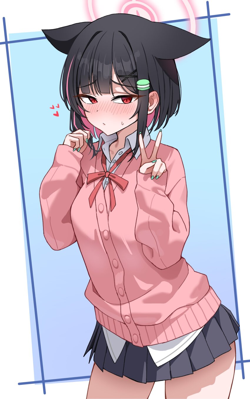 1girl absurdres animal_ears aqua_background aqua_nails black_hair black_skirt blue_archive breasts cardigan cat_ears closed_mouth collarbone collared_shirt colored_inner_hair commentary extra_ears fingernails food-themed_hair_ornament hair_ornament hairclip halo highres kazusa_(blue_archive) long_sleeves looking_at_viewer macaron_hair_ornament medium_hair multicolored_hair nail_polish neck_ribbon nsa32exnivqu5lp pink_cardigan pink_eyes pink_hair pink_halo pink_ribbon pleated_skirt ribbon school_uniform shirt simple_background skirt sleeves_past_wrists solo streaked_hair sweatdrop thighs two-tone_hair v white_shirt