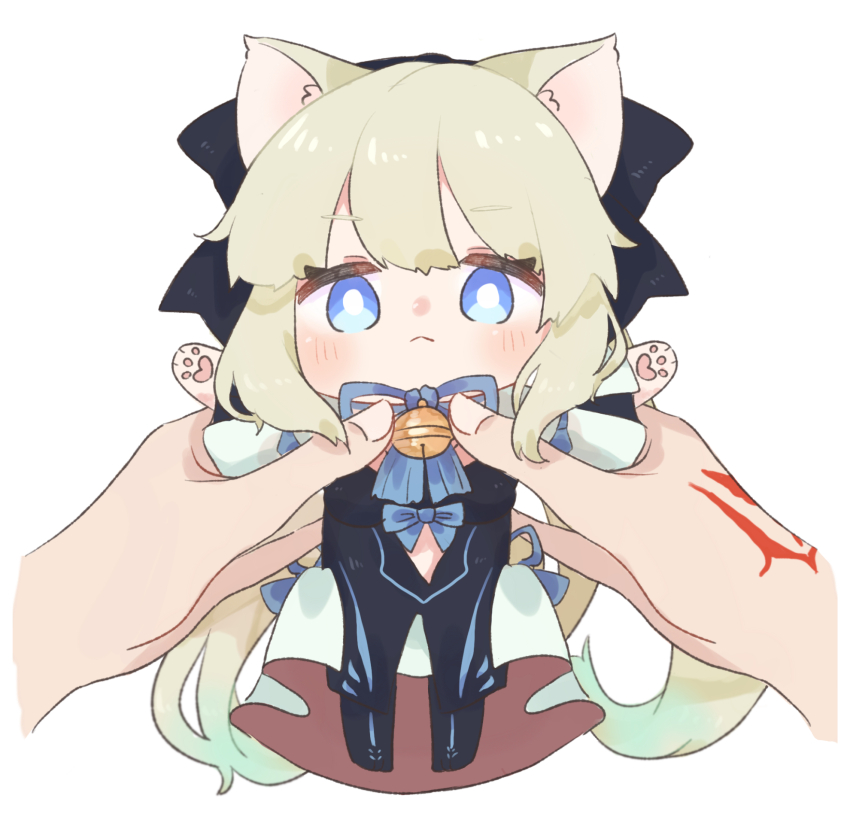 black_bow blue_eyes blush bow fate/grand_order fate_(series) fujimaru_ritsuka_(male) hair_between_eyes hair_bow highres long_hair looking_at_viewer morgan_le_fay_(fate) morgan_le_fay_(first_ascension)_(fate) ponytail shigure_(ffrh7824) simple_background white_hair