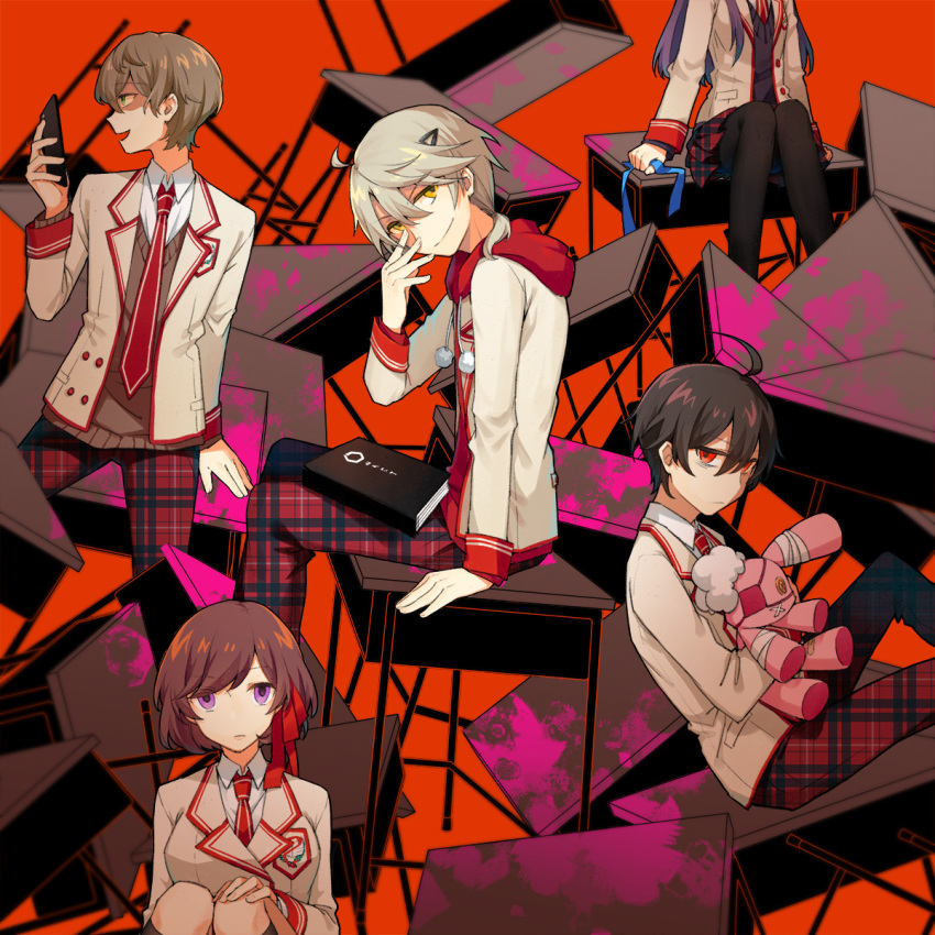 2girls 3boys a-ya_(shuuen_no_shiori) ahoge arm_support b-ko_(shuuen_no_shiori) bandaged_ear bandages black_hair black_pantyhose black_socks black_sweater blue_ribbon book breasts brown_hair brown_sweater button_eyes buttons c-ta cellphone closed_mouth commentary d-ne desk double-breasted double-parted_bangs e-noru expressionless feet_out_of_frame from_side grey_hair hair_between_eyes hair_ornament hairclip hand_on_own_knee highres holding holding_phone holding_ribbon holding_stuffed_toy hood hood_down hugging_object jacket kneehighs light_brown_hair long_hair long_sleeves looking_at_phone looking_at_viewer looking_to_the_side medium_breasts miniskirt multicolored_jacket multiple_boys multiple_girls nashi_(tidal0414) necktie on_desk open_clothes open_jacket open_mouth out_of_frame paint paint_splatter pants pantyhose phone plaid_clothes plaid_pants plaid_skirt pleated_skirt purple_eyes purple_hair red_background red_eyes red_jacket red_necktie red_pants red_ribbon red_skirt ribbon school_uniform shirt short_hair shuuen_no_shiori_project simple_background sitting skirt smartphone smile socks striped_clothes stuffed_animal stuffed_rabbit stuffed_toy sweater two-tone_jacket unbuttoned unmoving_pattern unworn_ribbon upper_body vertical-striped_clothes vertical-striped_necktie white_jacket white_shirt x_mouth yellow_eyes