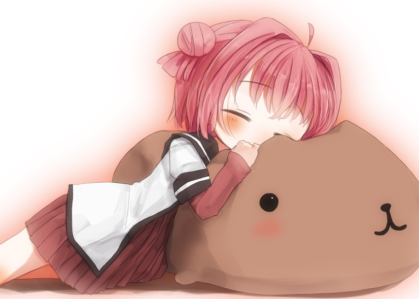 1girl akaza_akari blush capybara-san closed_eyes commentary_request double_bun dress hair_bun hair_intakes hiro1417 layered_sleeves long_sleeves medium_hair nanamori_school_uniform pink_hair pleated_dress sailor_collar school_uniform short_over_long_sleeves short_sleeves sleeping solo yuruyuri