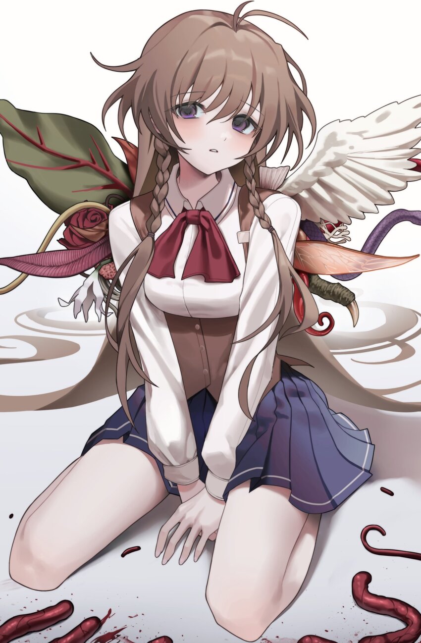 1girl absurdly_long_hair antenna_hair bare_legs blood blue_skirt blush bow bowtie braid braided_sidelocks breasts brown_hair buttons collared_shirt flower full_body gradient_background grey_background hair_between_eyes hair_spread_out hashtag-only_commentary hexenmesser highres leaf leaf_wings long_hair long_sleeves looking_at_viewer miniskirt own_hands_together parted_lips pleated_skirt puffy_long_sleeves puffy_sleeves purple_eyes red_bow red_bowtie red_flower red_rose rose sayonara_wo_oshiete shirt simple_background sitting skirt small_breasts solo sugamo_mutsuki turning_head twin_braids v_arms very_long_hair wariza white_background white_shirt white_wings wings