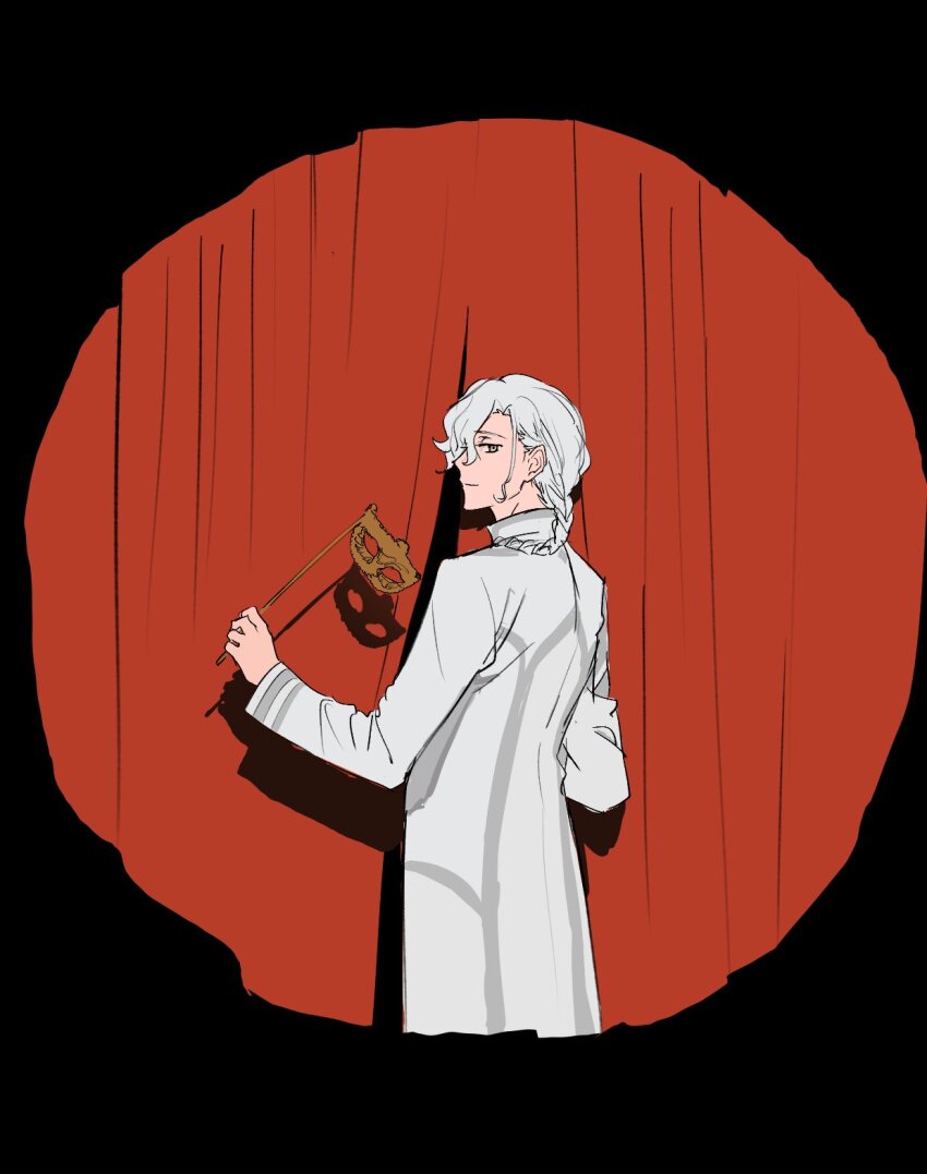 1boy braid coat curtains domino_mask fate/grand_order fate_(series) forzen from_behind grey_eyes hair_between_eyes hair_over_shoulder highres holding holding_mask light_smile long_hair looking_at_viewer looking_back male_focus marisbury_animusphere mask profile round_image single_braid solo stage_curtains white_coat