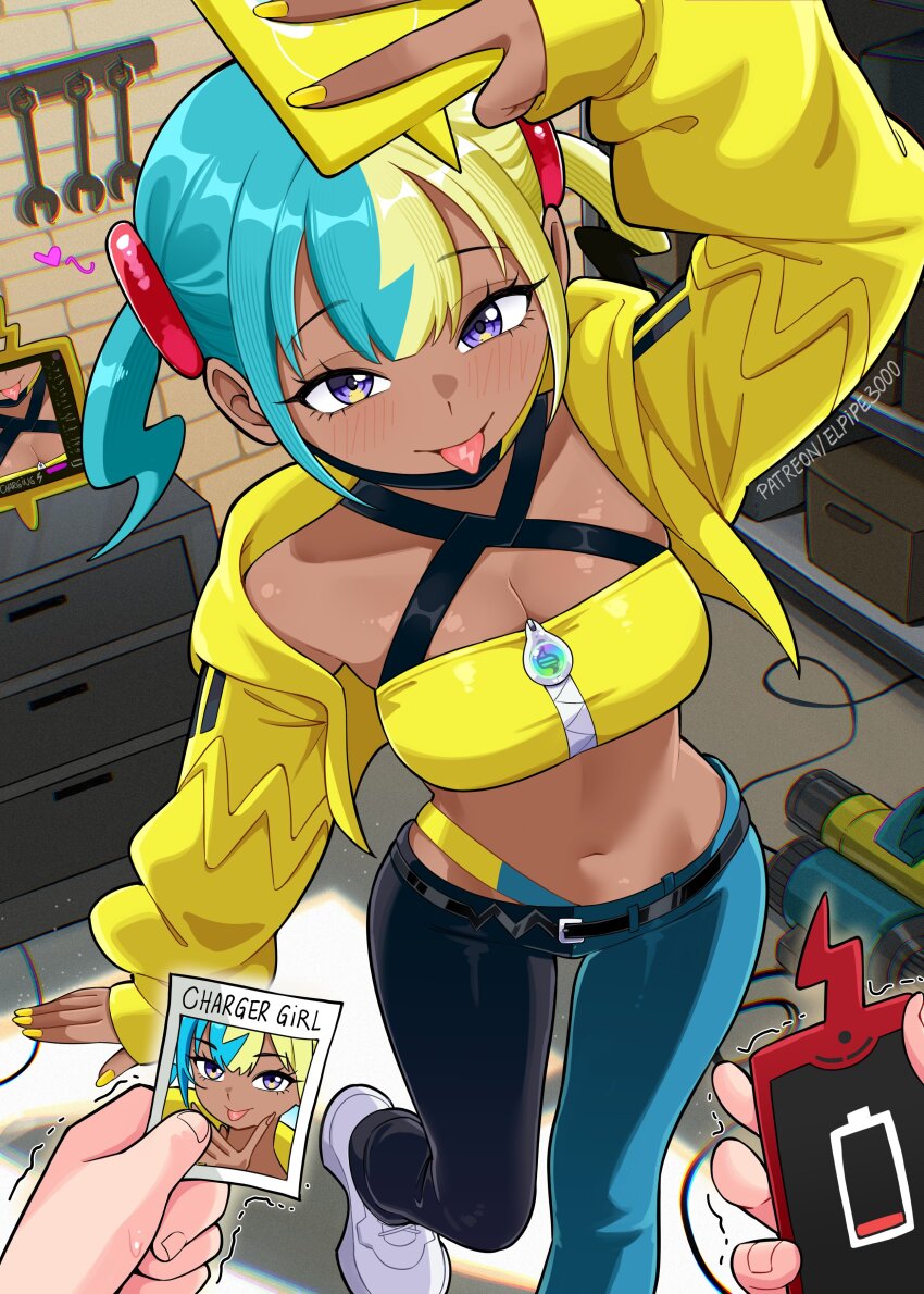 1girl absurdres aqua_hair bandeau battery_indicator belt black_belt black_mask black_pants blonde_hair blue_eyes blush breasts canari_(pokemon) cleavage closed_mouth commentary criss-cross_straps dark-skinned_female dark_skin elpipe_3000 english_commentary english_text garage gen_4_pokemon heart highres holding holding_phone jacket large_breasts long_sleeves looking_at_viewer mask mask_pull mega_stone mouth_mask multicolored_hair navel nintendo pants phone photo_(object) pokemon pokemon_legends:_z-a pov pov_hands rotom rotom_phone selfie shoes short_twintails smile solo_focus split-color_hair sports_bra tongue tongue_out twintails two-tone_hair two-tone_mask two-tone_pants white_pants wrench yellow_bandeau yellow_jacket yellow_mask yellow_nails yellow_sports_bra