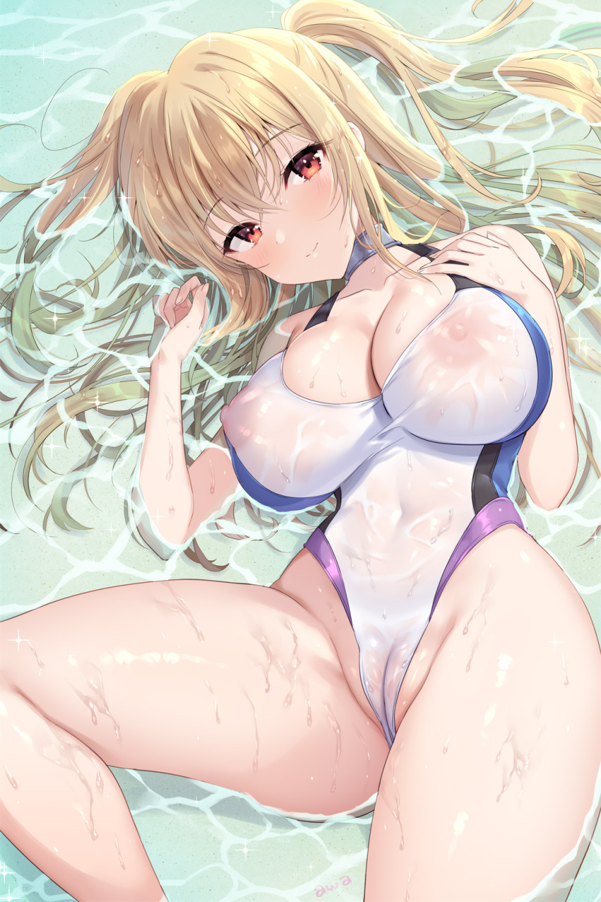 1girl awayuki_ramika bare_legs blonde_hair breasts cameltoe closed_mouth collarbone commentary_request competition_swimsuit covered_navel crossed_bangs floating_hair hair_between_eyes highleg highres large_breasts long_hair looking_at_viewer lying nipples on_back one-piece_swimsuit original partially_submerged red_eyes see-through_clothes see-through_one-piece_swimsuit smile swimsuit taut_clothes taut_swimsuit thighs very_long_hair wet white_one-piece_swimsuit