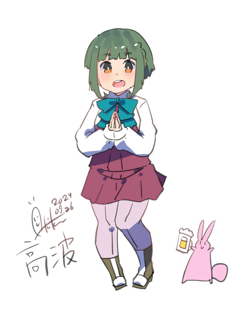 1girl absurdres alcohol aqua_bow aqua_bowtie beer beer_mug blush bob_cut bow bowtie braid character_name cup dated dress dress_shirt green_hair halter_dress halterneck highres inica kantai_collection long_sleeves mug one-hour_drawing_challenge open_mouth orange_eyes pleated_dress purple_dress purple_thighhighs rabbit school_uniform shirt short_hair sidelocks signature takanami_(kancolle) thighhighs white_background white_shirt
