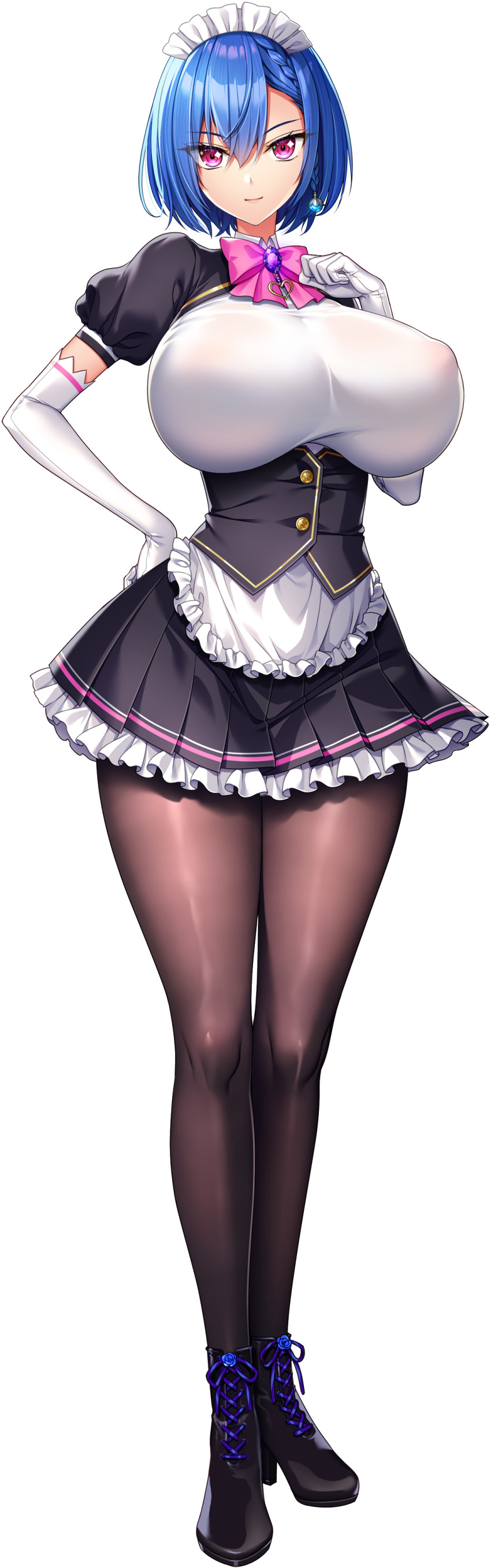 1girl absurdres akagi_rio apron arm_up black_pantyhose blue_hair boots bow bowtie braid breasts closed_mouth collar_jewel dress elbow_gloves femme_de_menage_maid_academy_uniform flower footwear_flower frilled_apron frills full_body game_cg gem gloves hair_jewelry hand_on_own_hip high_heel_boots high_heels highres huge_breasts kriemhild_valhanna laces legs looking_at_viewer maid maid_apron maid_headdress milk_factory motto!_haramase!_honoo_no_oppai_isekai_oppai_maid_gakuen! non-web_source official_art pantyhose pink_bow pink_bowtie pink_eyes puffy_short_sleeves puffy_sleeves purple_brooch purple_gemstone short_hair short_sleeves single_braid smile solo sprite standing tachi-e transparent_background waist_apron white_apron white_gloves