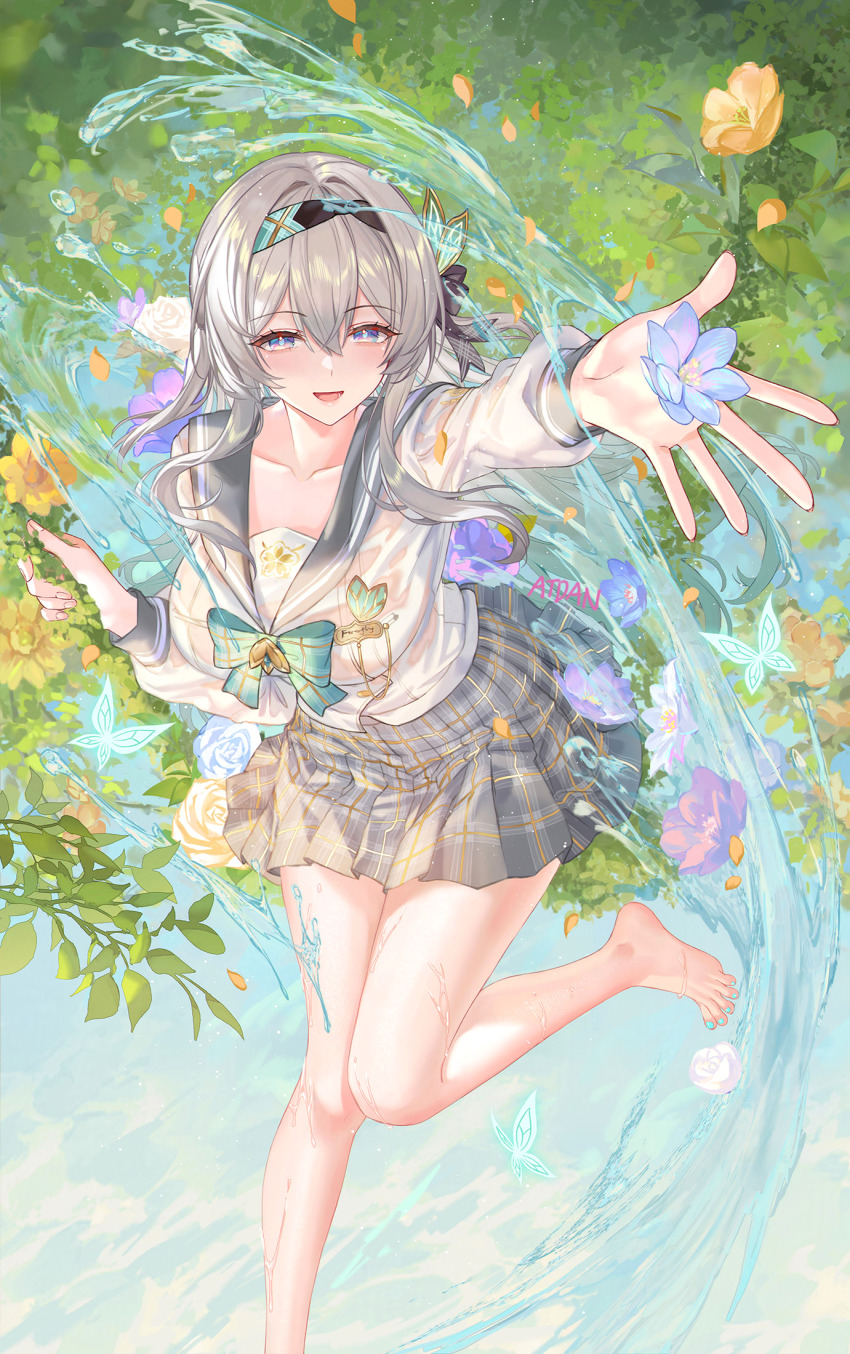1girl artist_name atdan bare_legs barefoot blue_nails butterfly_hair_ornament collarbone firefly_(honkai:_star_rail) flower grey_hair hair_ornament hair_ribbon hairband highres honkai:_star_rail honkai_(series) leaning_forward leg_up legs_together long_sleeves looking_at_viewer multicolored_eyes name_tag open_mouth plaid_clothes plaid_skirt pleated_skirt purple_flower purple_rose reaching reaching_towards_viewer ribbon rose school_uniform see-through_clothes see-through_shirt serafuku shirt skirt solo variant_set water wet wet_clothes yellow_flower yellow_rose
