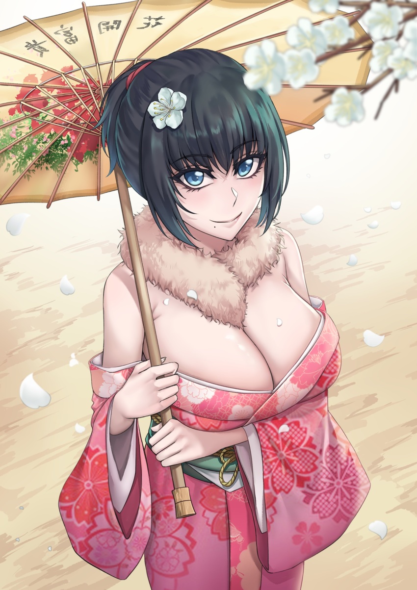 1girl absurdres black_hair blue_eyes breasts cleavage closed_mouth commentary_request feather_boa floral_print floral_print_kimono flower hair_bun hair_flower hair_ornament highres holding holding_umbrella japanese_clothes kimono large_breasts looking_at_viewer mole mole_under_mouth obi off_shoulder oil-paper_umbrella original pink_kimono print_kimono sakuya_(liao_kj) sash smile solo umbrella