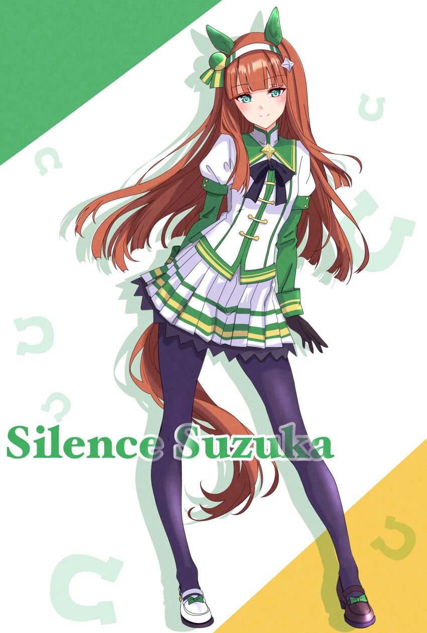 1girl absurdres animal_ears black_pantyhose blunt_bangs character_name commentary english_commentary full_body green_eyes hairband highres hime_cut horse_ears horse_girl horse_tail layered_shirt long_hair long_sleeves looking_at_viewer nitamako_(sakamalh) orange_hair pantyhose pleated_skirt shirt silence_suzuka_(umamusume) skirt smile solo standing tail umamusume white_hairband white_shirt white_skirt