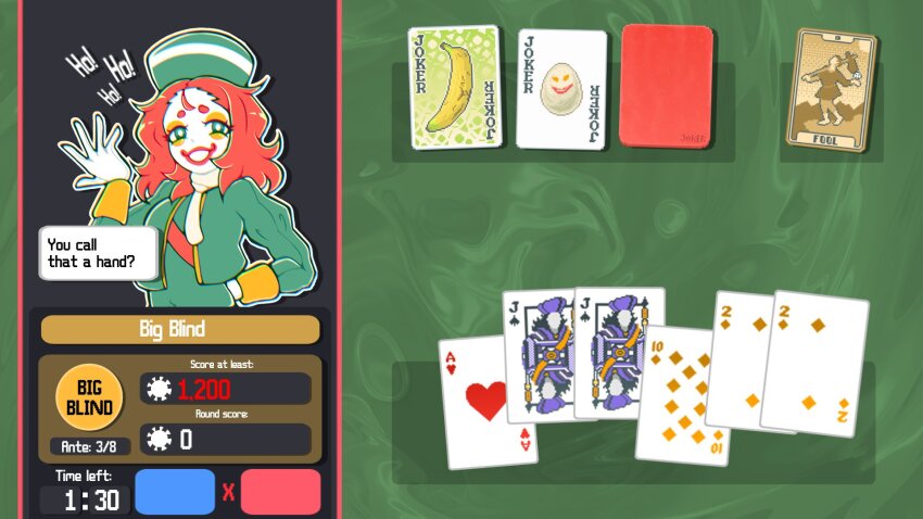 1boy ace_(playing_card) ace_of_hearts balatro bright_pupils card clown colored_skin commentary cropped_jacket english_commentary facepaint fake_screenshot gameplay_mechanics gloves green_eyes green_jacket grin hand_on_own_hip hat heart highres hosses jack_(playing_card) jack_of_spades jacket jester long_sleeves medium_hair parted_bangs perkeo_(balatro) playing_card red_hair smile solo tarot ten_of_diamonds the_fool_(tarot) thick_eyebrows two_of_diamonds upper_body white_gloves white_pupils white_skin