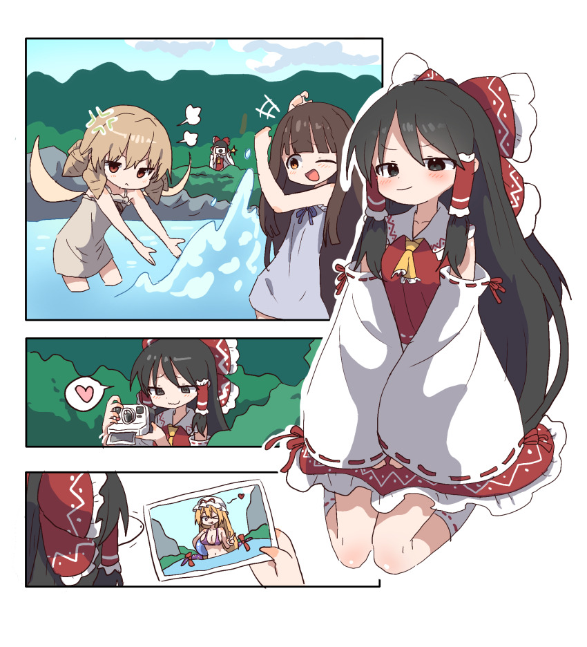 4girls :&lt; anger_vein bare_shoulders bikini black_eyes black_hair blonde_hair blush bow breasts brown_eyes brown_hair camera closed_mouth detached_sleeves drill_hair gap_(touhou) hair_tubes hakurei_reimu hat heart highres holding holding_camera holding_photo large_breasts light_smile long_hair luna_child magg_(user_mtca8588) medium_hair mob_cap multiple_girls navel neckerchief nightgown one_eye_closed open_mouth photo_(object) purple_bikini purple_eyes red_bow red_shirt red_skirt seiza shirt sitting skirt splashing spoken_heart star_sapphire swimsuit taking_picture tongue tongue_out touhou v very_long_hair wading water yakumo_yukari yellow_neckerchief