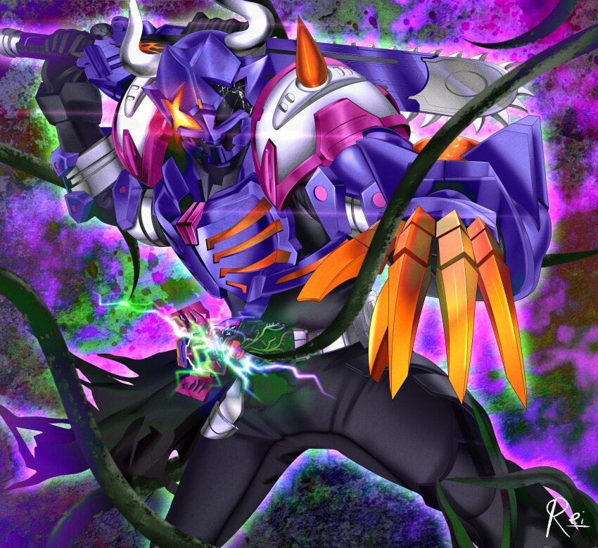 +_+ 1boy absurdres black_bodysuit black_gloves blood blood_splatter blurry blurry_background bodysuit boots buffalo bull chainsaw claw_(weapon) commentary cowboy_shot crack desire_driver english_commentary gloves glowing highres horns jamato_buckle kamen_rider kamen_rider_buffa kamen_rider_geats_(series) long_hair looking_at_viewer male_focus over_shoulder plant purple_hair raise_buckle reiei_8 scarf shoulder_spikes spikes splatter splatter_background sword vines weapon weapon_over_shoulder zombie_breaker zombie_buckle
