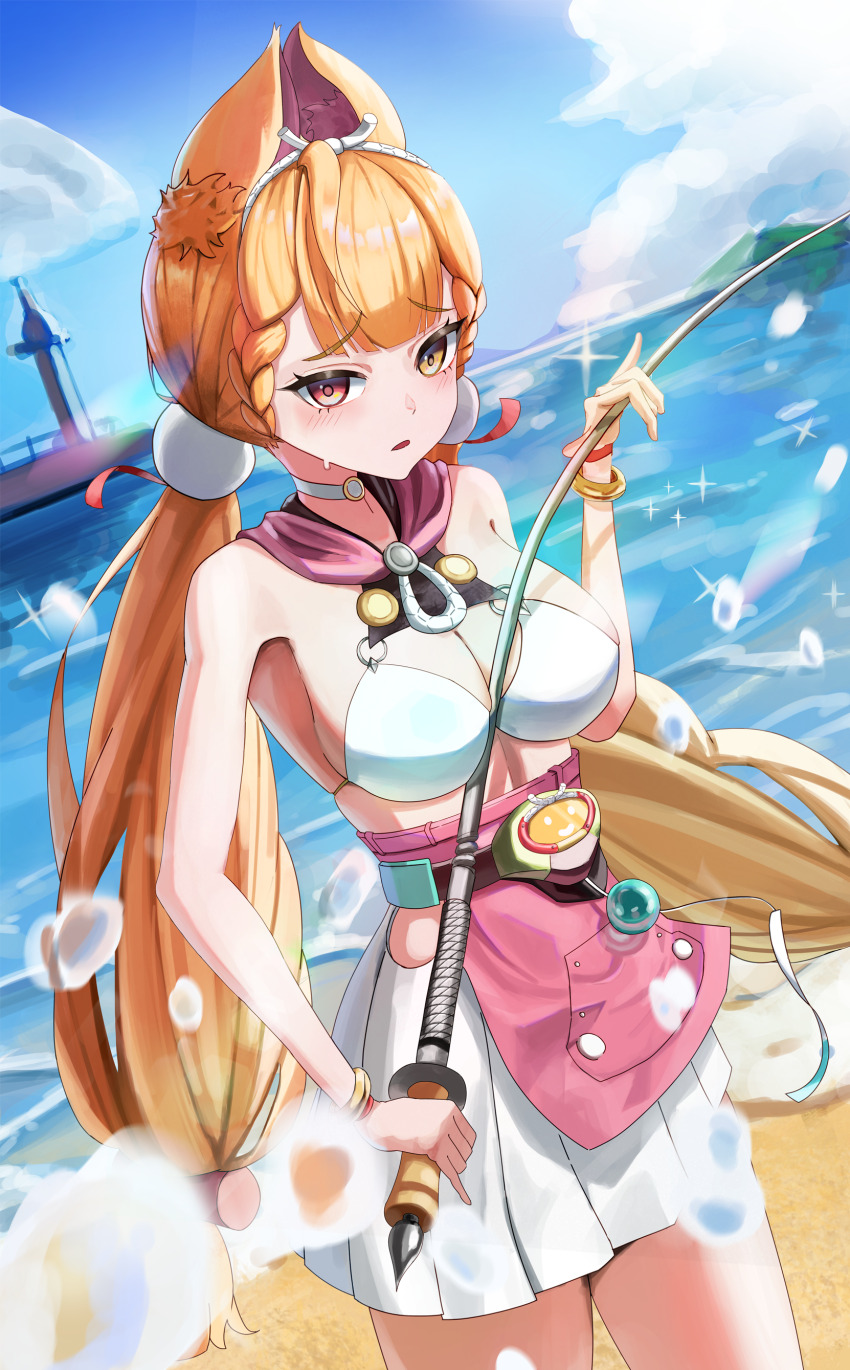1girl absurdres alice_thymefield alice_thymefield_(sea_of_thyme) animal_ears beach blonde_hair bracelet breasts building cleavage commentary cowboy_shot gang_ryeol heterochromia highres hip_vent holding holding_sword holding_weapon jewelry long_hair looking_at_viewer low_twintails ocean official_alternate_costume pleated_skirt rabbit_ears rabbit_girl rapier red_eyes skirt solo sphere_hair_ornament swimsuit sword twintails weapon white_skirt yellow_eyes zenless_zone_zero