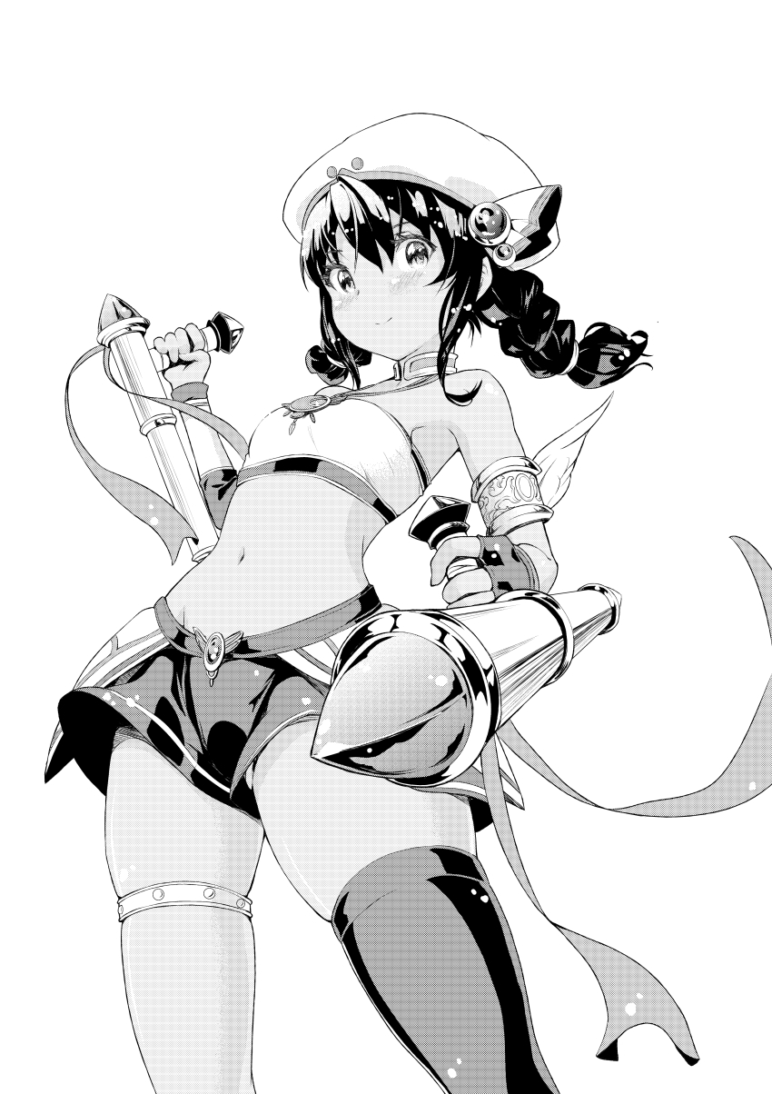 1girl absurdres armlet bare_shoulders black_hair braid dark-skinned_female dark_skin dual_wielding female_focus fingerless_gloves flat_chest gloves greyscale hahe hat highres holding jewelry looking_at_viewer midriff monochrome navel short_shorts shorts skindentation smile solo soul_calibur soulcalibur soulcalibur_ii soulcalibur_iii standing strapless talim tonfa tube_top twin_braids twintails weapon