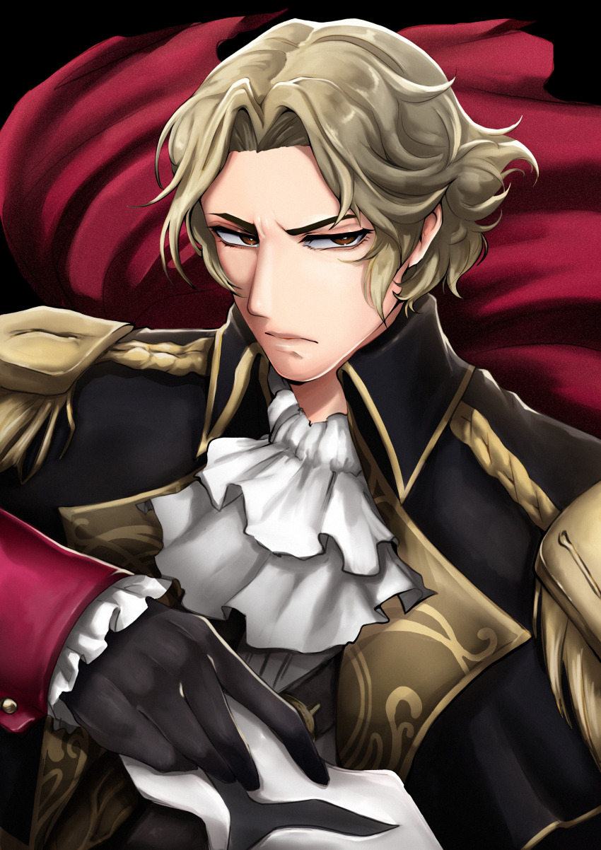 absurdres blonde_hair camus_(fire_emblem) cape fire_emblem fire_emblem:_mystery_of_the_emblem fire_emblem:_shadow_dragon fire_emblem_heroes highres mask mothman1930 nintendo non-web_source portrait red_cape self-upload victorian