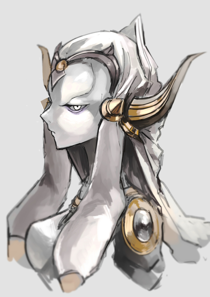 1girl artist_request breasts colored_skin grey_background grimms_notes highres horns looking_at_viewer low_twintails mirror_plate_fiend_(grimms_notes) monster_girl shoulder_spikes simple_background solo spikes twintails upper_body white_skin yellow_eyes