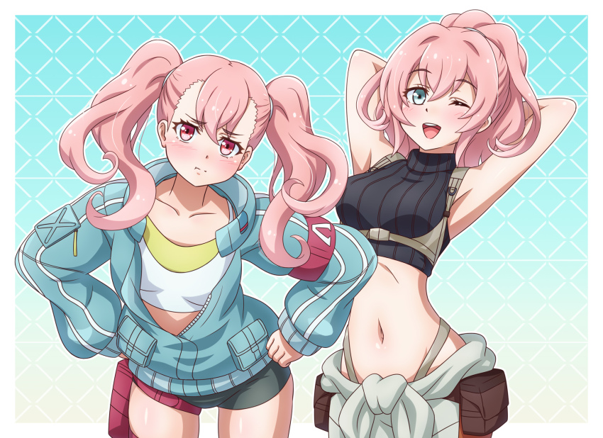 2girls :i armband armpits arms_behind_head belt bike_shorts center-flap_bangs chest_harness clothes_around_waist crop_top cropped_legs double-parted_bangs ellie_(synduality) green_eyes hair_ribbon hands_on_own_hips harness head_tilt high_ponytail highres jacket maria_(synduality) midriff multiple_girls navel one_eye_closed open_clothes open_jacket pink_hair ponytail pouch red_armband ribbon shirt shirt_around_waist sleeveless sleeveless_turtleneck standing synduality synduality_noir tank_top thigh_pouch turtleneck twintails yosuzu