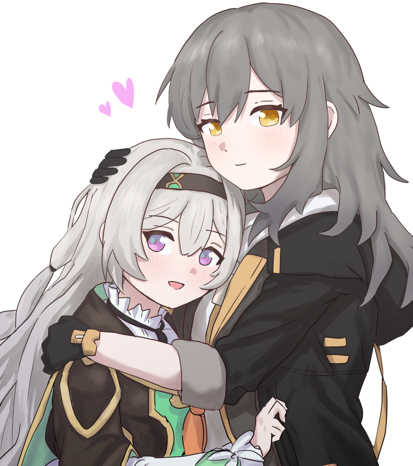 2girls black_gloves black_hair black_hairband blue_pupils collared_shirt firefly_(honkai:_star_rail) frilled_shirt_collar frilled_sleeves frills gloves grey_hair hair_between_eyes hair_intakes hairband head_hug heart highres honkai:_star_rail honkai_(series) hug koto_noha long_hair long_sleeves multicolored_eyes multiple_girls neckerchief open_mouth orange_neckerchief shirt simple_background smile stelle_(honkai:_star_rail) trailblazer_(honkai:_star_rail) two-tone_eyes white_background white_shirt white_sleeves yellow_eyes