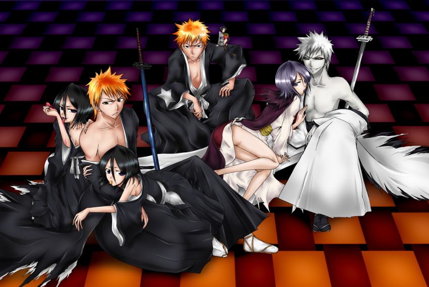 black_hair black_sclera bleach bleach:_fade_to_black brown_eyes cape colored_sclera colored_skin dark_rukia food fruit grin hand_on_shoulder japanese_clothes kuchiki_rukia kurosaki_ichigo licking lying lying_on_person mini_person minigirl mouth_hold multiple_persona off_shoulder on_shoulder orange_hair purple_eyes purple_hair school_uniform shirosaki_hichigo short_hair sitting smile strawberry sword tongue weapon white_hair white_skin xruka yellow_eyes zangetsu_(bleach)