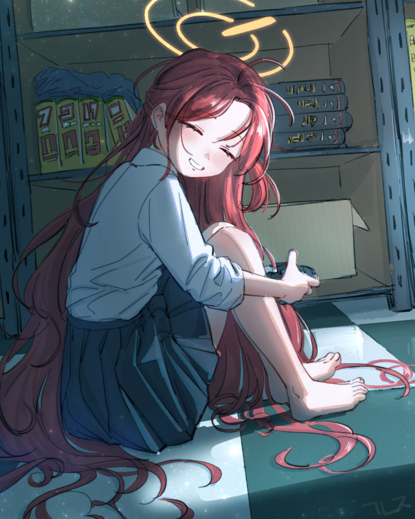 1girl ^_^ antenna_hair bare_legs barefoot black_skirt blue_archive blush checkered_floor closed_eyes controller facing_viewer game_controller grin halo highres hobgoblin-kim holding holding_controller holding_game_controller indoors long_hair orange_hair pleated_skirt school_uniform shirt shirt_tucked_in skirt smile solo toes very_long_hair white_shirt yuzu_(blue_archive)